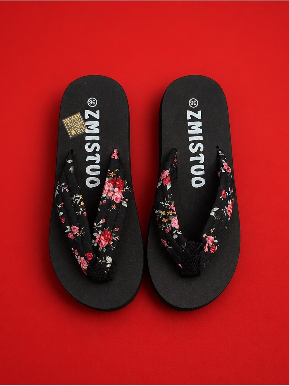 ZMISTUO Floral Strap Foam Flip Flops - Black with Pink Red Roses